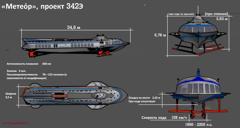 Судно на подводных крыльях метеор чертеж